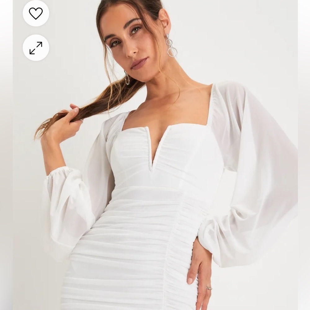 Lulus Flirty Force White Mesh Ruched Balloon Sleeve Mini Dress